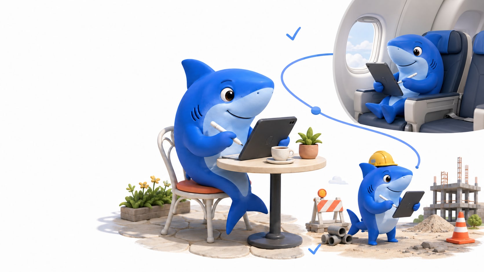 Friendly blue sharks filling out digital surveys on tablets at a café, in an airplane cabin and at a worksite.
